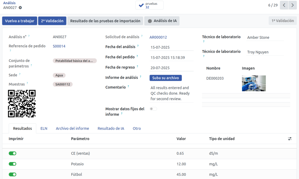 Flujo de análisis de agua con validaciones múltiples en LIMS Odoo
