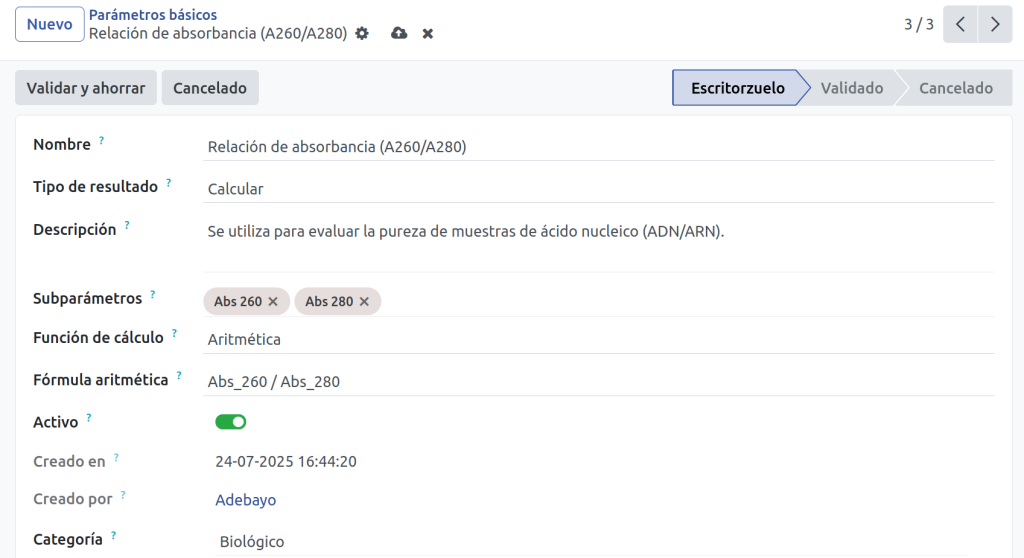 Parámetro calculado en el LIMS de un laboratorio de investigación