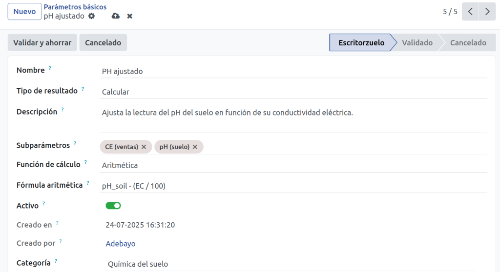 Parámetro calculado por el LIMS del laboratorio agrícola