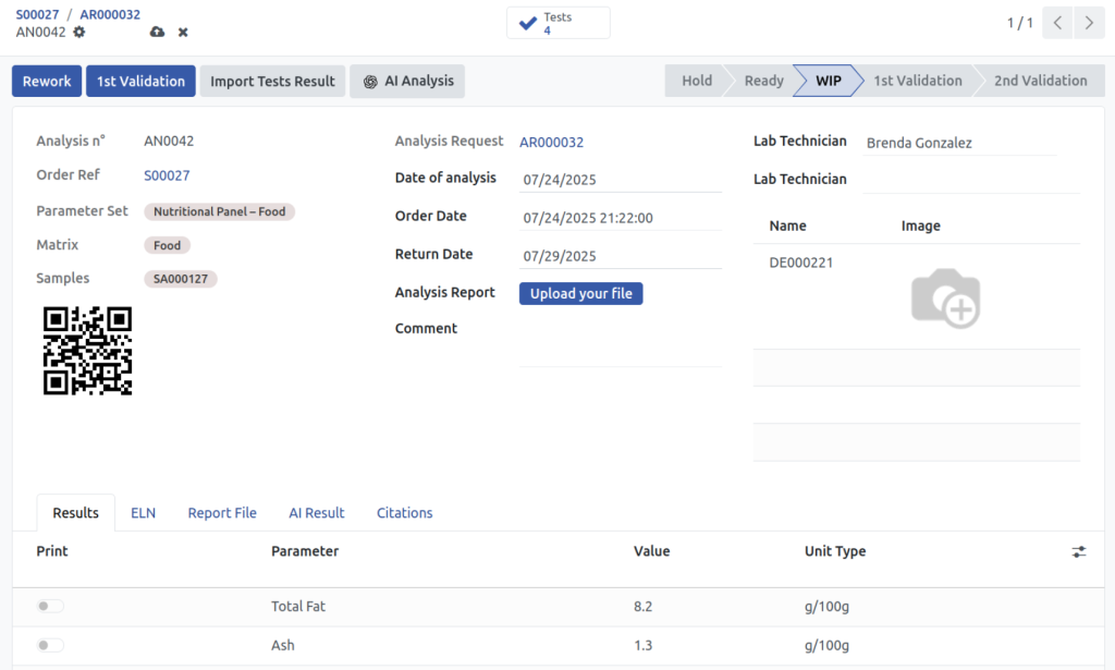 Food LIMS analysis interface