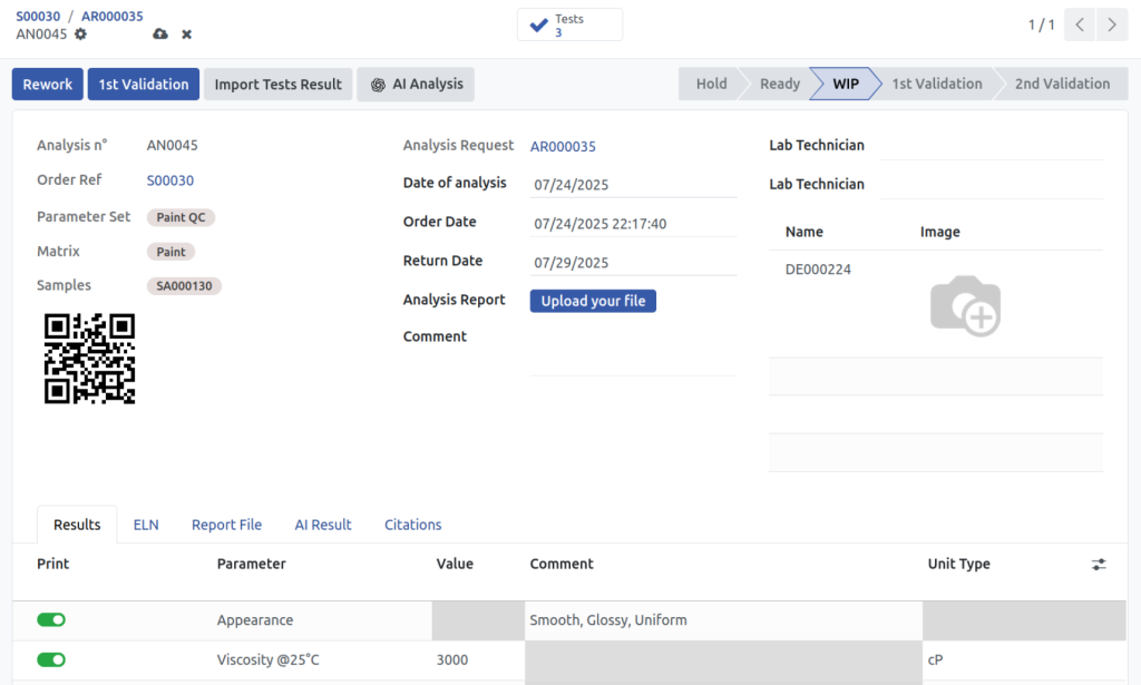QC LIMS analysis interface