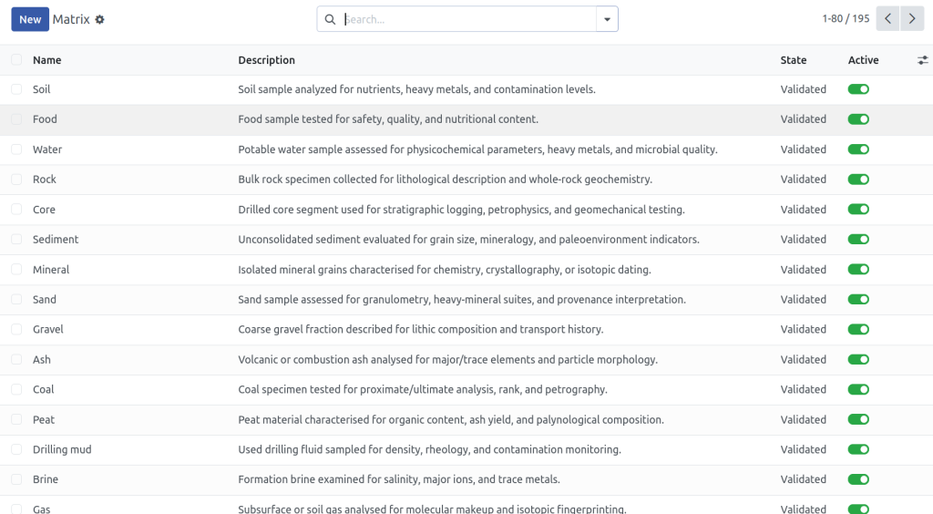 Odoo-based LIMS software Matrix interface