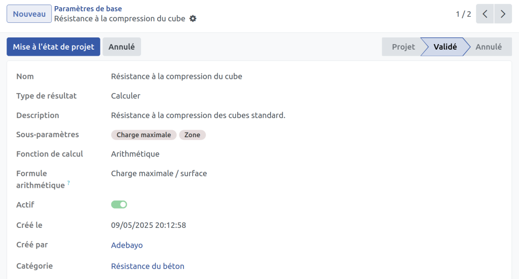 Paramètre calculé par le laboratoire d'essai des matériaux de construction