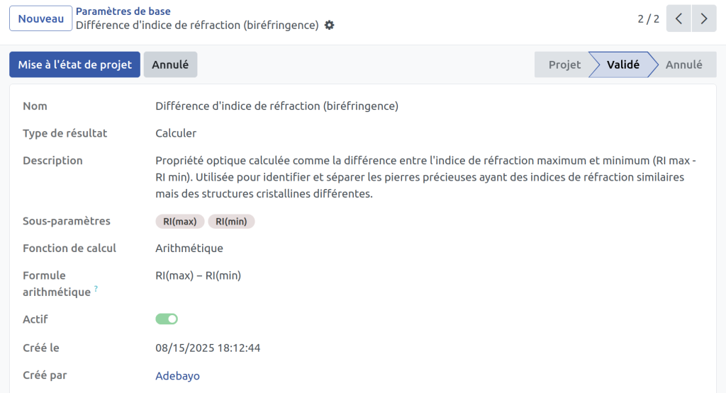 Paramètres du logiciel de test des pierres précieuses et semi-précieuses
