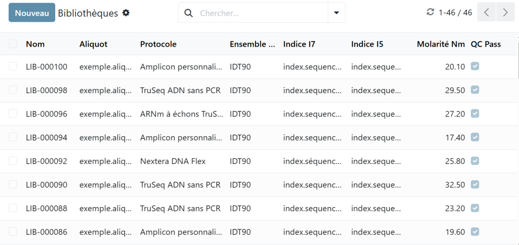 Enregistrements de préparation des bibliothèques avec protocole, ensemble d'index, molarité et statut du contrôle qualité