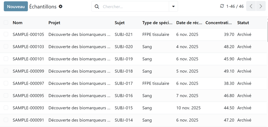 Liste de suivi des échantillons avec type de spécimen, concentration et statut dans un LIMS de génomique