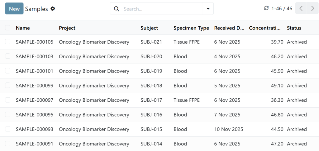 Sample tracking list showing specimen type, concentration, and status in a genomics LIMS