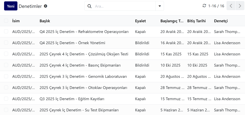 LBYS kalite modülünde iç denetim programını gösteren ekran görüntüsü
