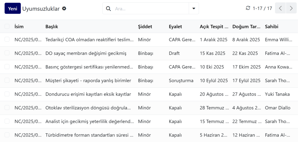 LBYS yazılımında uyumsuzluk kayıtlarını ve şiddet seviyelerini gösteren ekran görüntüsü